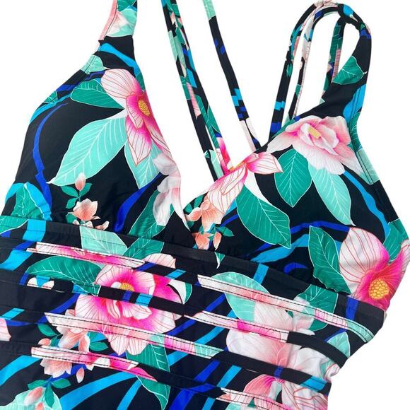 New Women’s La Blanca Floral Multi Strap Cross Back One Piece Swimsuit Size 12 - Picture 3 of 9